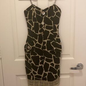 Bill Blass Dress In Giraffe Print with spaghetti straps and Lace Trim on Hem.